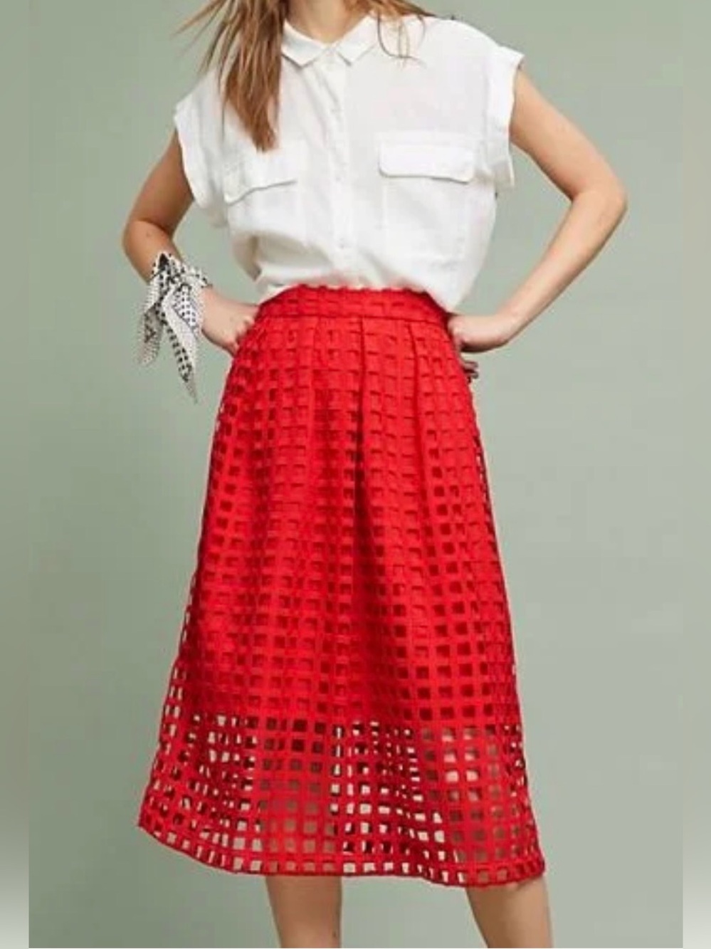Hutch Anthropolgie Red Grid Eyelet Midi Skirt, size 10